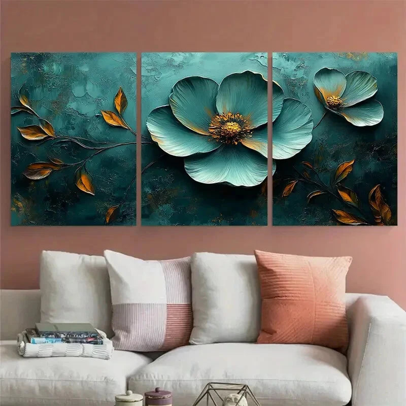 3pcs Textured Minimalist Floral Green Boho Design Metal Print Ready to Hang Art