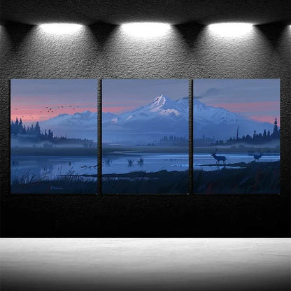 3pcs Majestic Mountain Sunrise & Wildlife Scene Metal Print Ready to Hang Art