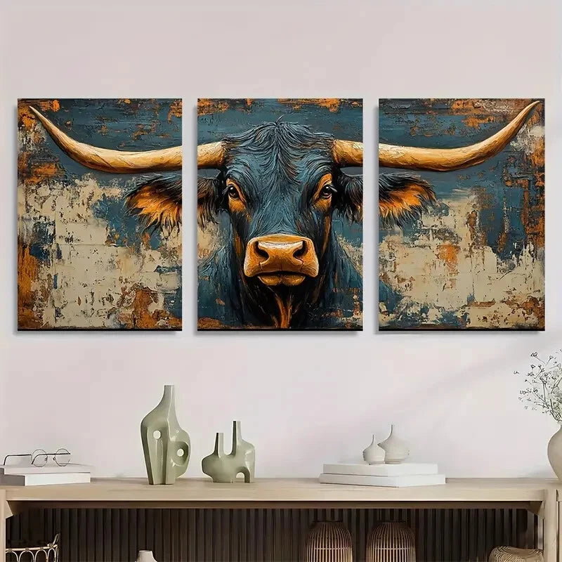 3pcs Vibrant Blue & Orange Western Metal Print Ready to Hang Art