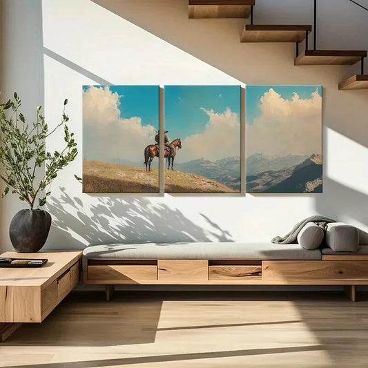3pcs Western Cowboy On Horseback Mountain LandscapeMetal Print Ready to Hang Art