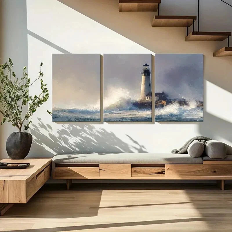 3pcs Lighthouse Coastal Scene Ocean Waves Metal Print Ready to Hang Art