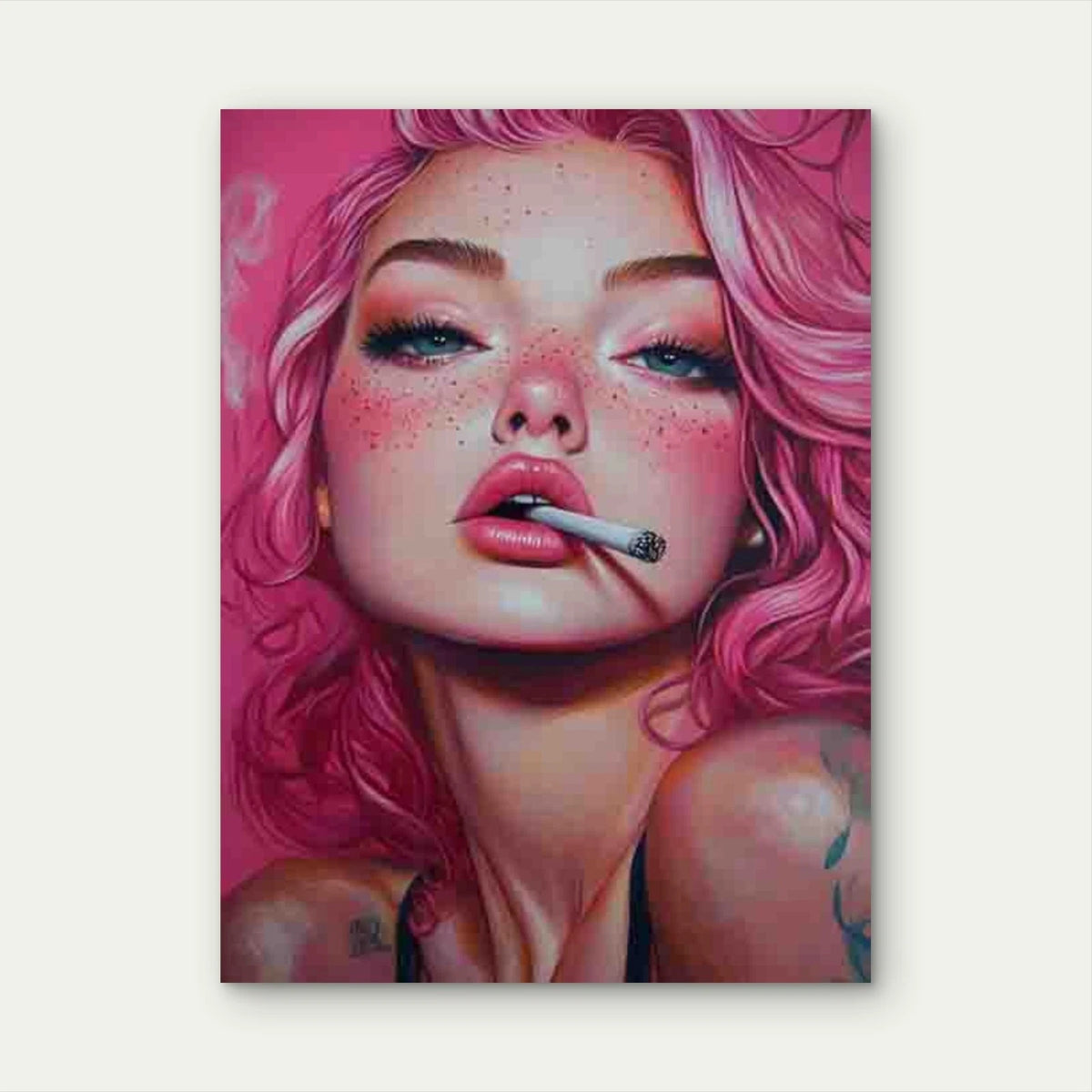 Smoking Girl Pink Hair & Tattooed Shoulder 40x60cm Metal Print Ready to Hang