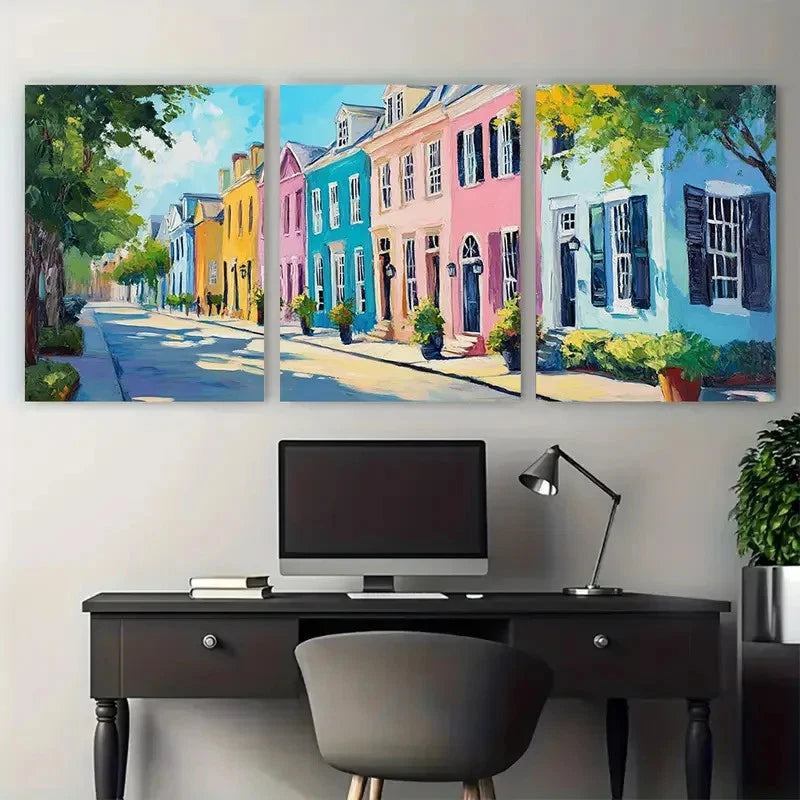 3pcs Vibrant Charleston City House Portrait Metal Print Ready to Hang Art