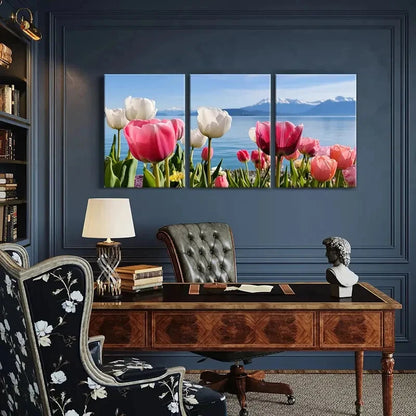 3pcs Spring Tulips By The Lake Mountain View Metal Print Ready to Hang Art