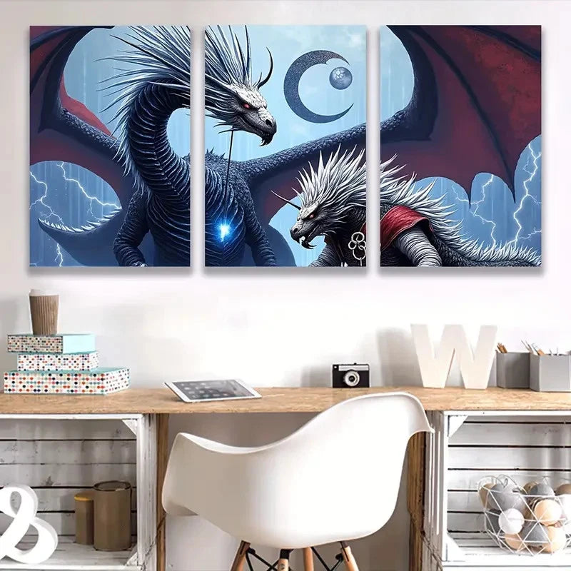 3pcs Clash Of The Two Mighty Dragons Wal1l Art Set Canvas Framed 40x60cm - High Quality Print 100% Australian Made Wall Canvas Ready to Hang