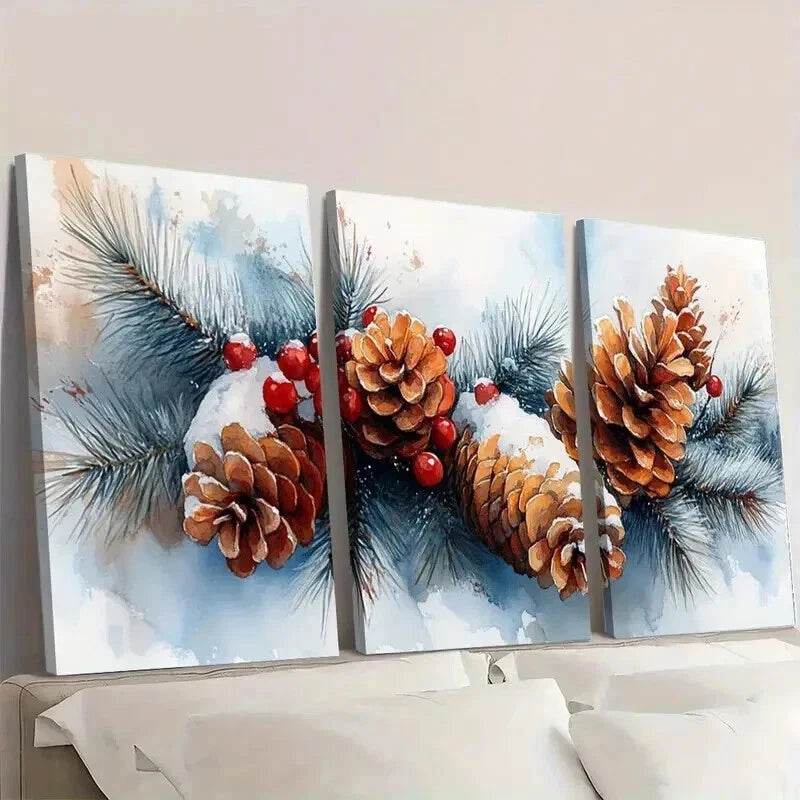 3pcs Snowy Pine Cones & Berries Decorations Wall Art Set Canvas Framed 40x60cm - High Quality Print 100% Australian Made Wall Canvas Ready to Hang