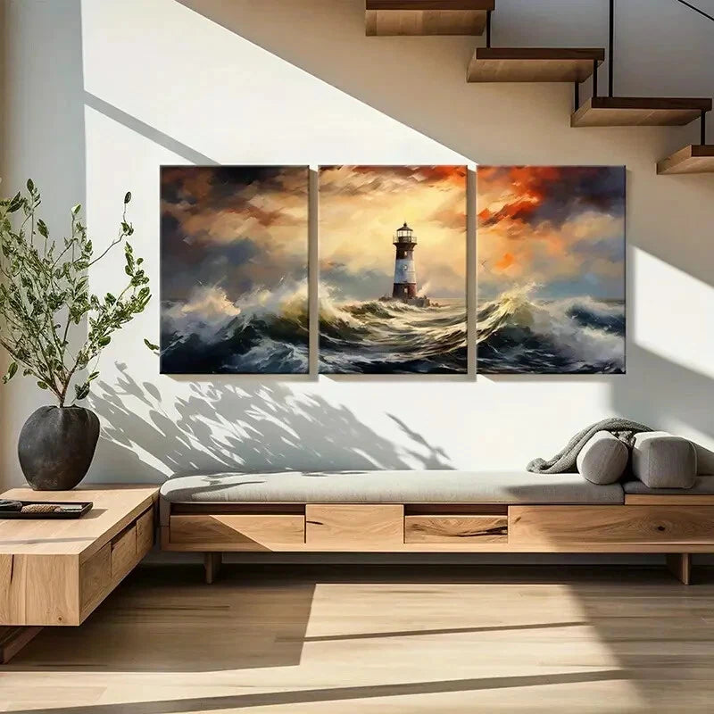 3pcs Lighthouse Stormy Sea Sunset Sky Poster Metal Print Ready to Hang Art