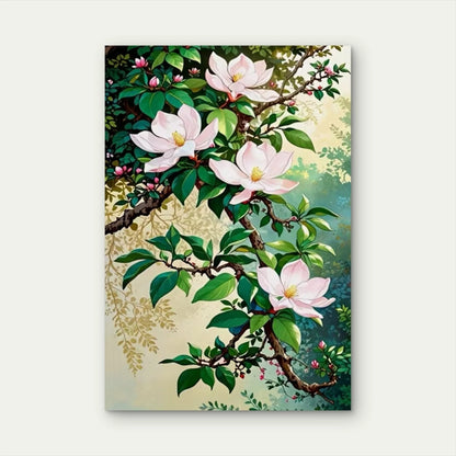 Pink Magnolias on Leafy Branch Metal Print Ready to Hang