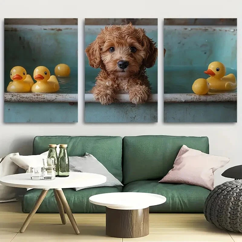 3pcs Adorable Golden Doodle with Rubber Ducks Metal Print Ready to Hang Art