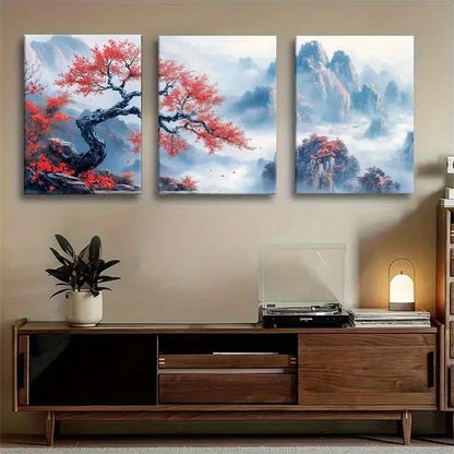3pcs Red Maple and Misty Mountain Watercolor Metal Print Ready to Hang Art