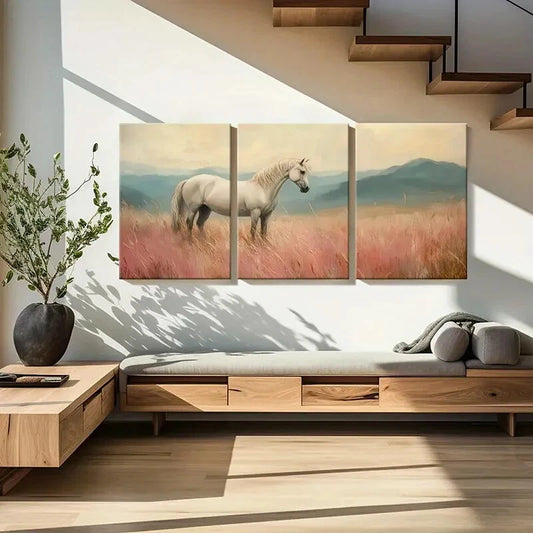 3pcs White Horse In Field Landscape Art Metal Print Ready to Hang Art