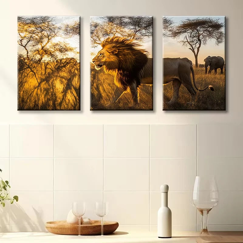 3pcs Majestic Lion Illustration Wall Art Set Canvas Framed 50x70cm - High Quality Print 100% Australian Made Wall Canvas Ready to Hang