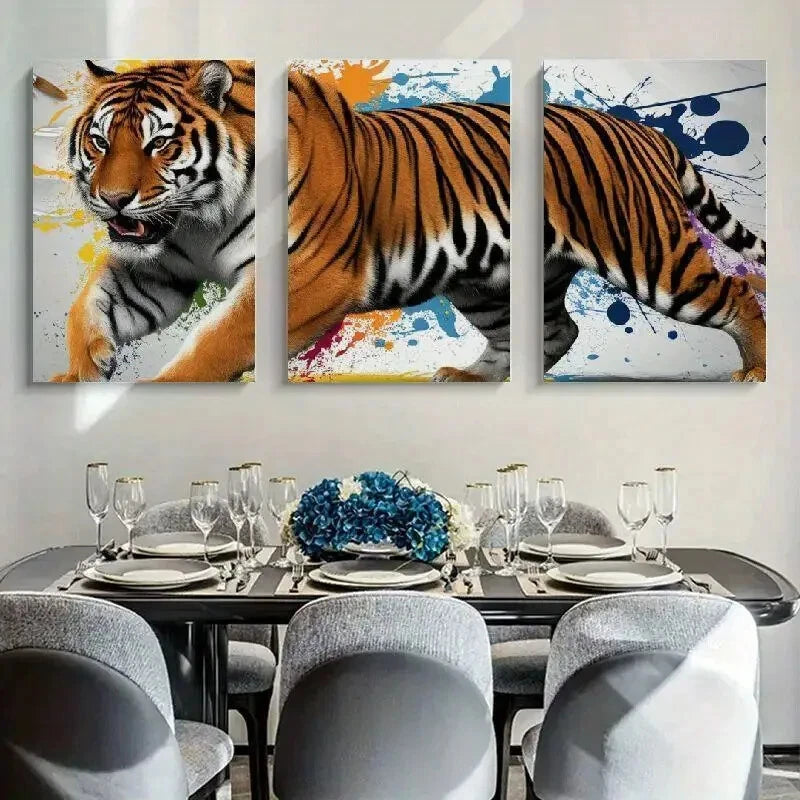 3pcs Vibrant Splash Art Design Tiger Metal Print Ready to Hang Art