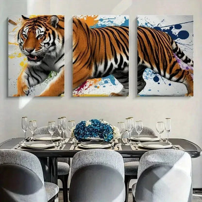 3pcs Vibrant Splash Art Design Tiger Metal Print Ready to Hang Art