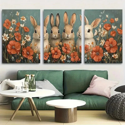 3pcs Whimsical Bunny Rabbit Family with Florals Metal Print Ready to Hang Art