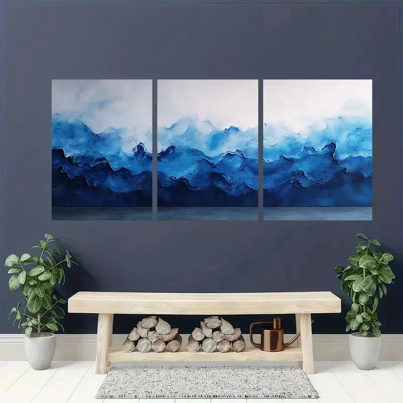 3pcs Cobalt Blue Painting Watercolor Art Aqua Metal Print Ready to Hang Art