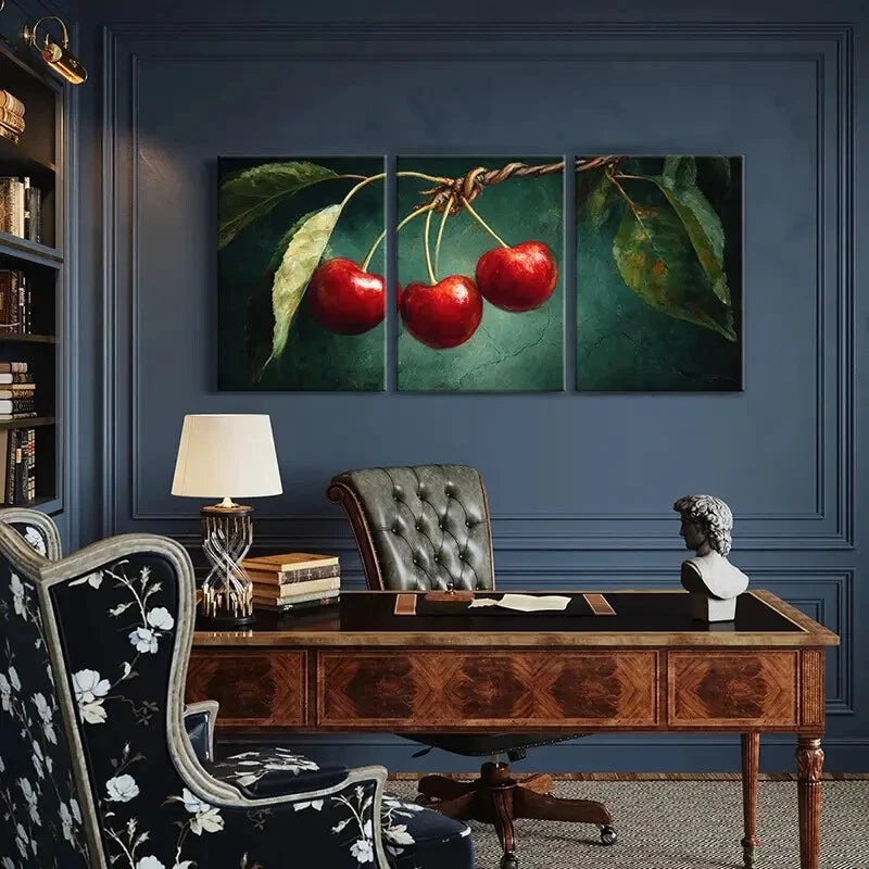 3pcs Artistic Vibrant Red Cherry Illustration Metal Print Ready to Hang Art