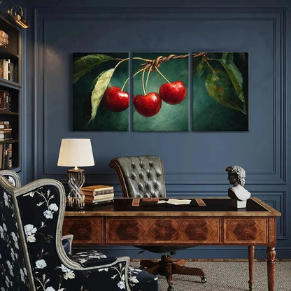 3pcs Artistic Vibrant Red Cherry Illustration Metal Print Ready to Hang Art