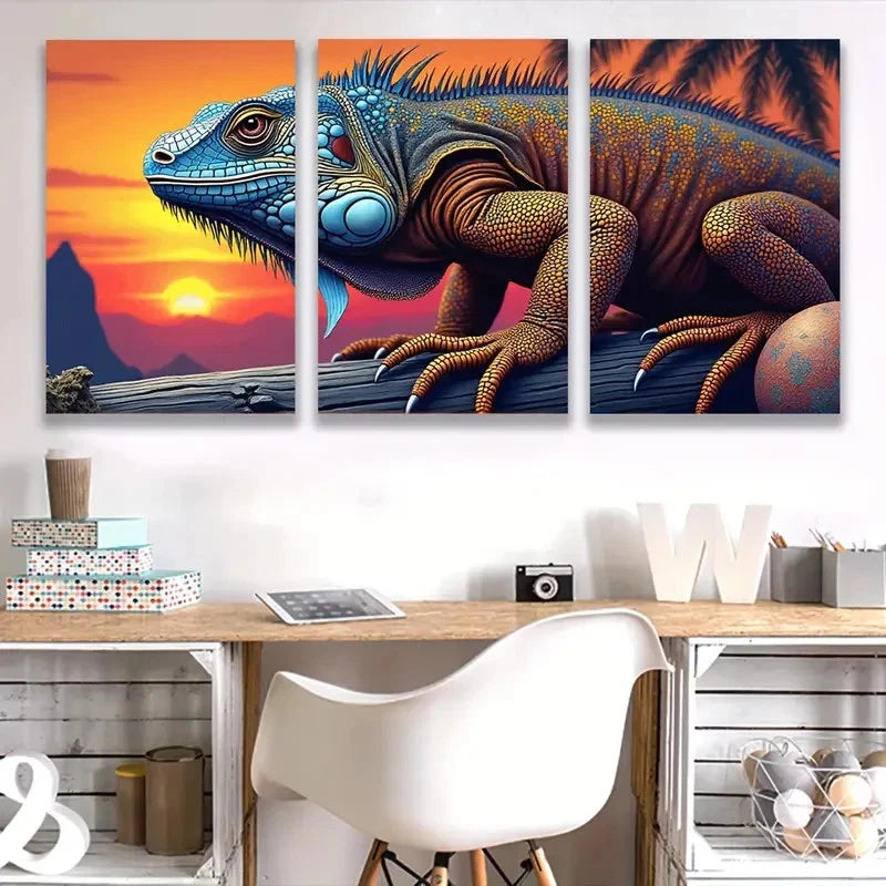 3pcs Vibrant Iguana Sunset Triptych D Wall Art Set Canvas Framed 60x90cm - High Quality Print 100% Australian Made Wall Canvas Ready to Hang