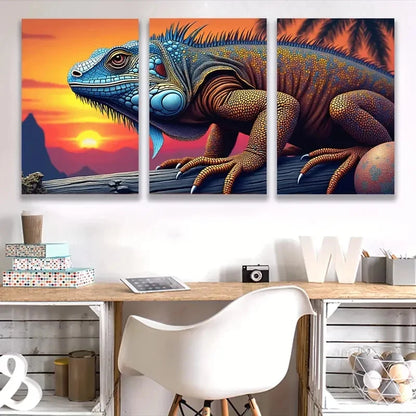 3pcs Vibrant Iguana Sunset Triptych D Wall Art Set Canvas Framed 60x90cm - High Quality Print 100% Australian Made Wall Canvas Ready to Hang