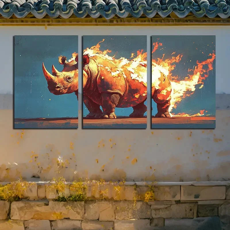 3pcs Vibrant Flame Rhinoceros Illustration Metal Print Ready to Hang Art
