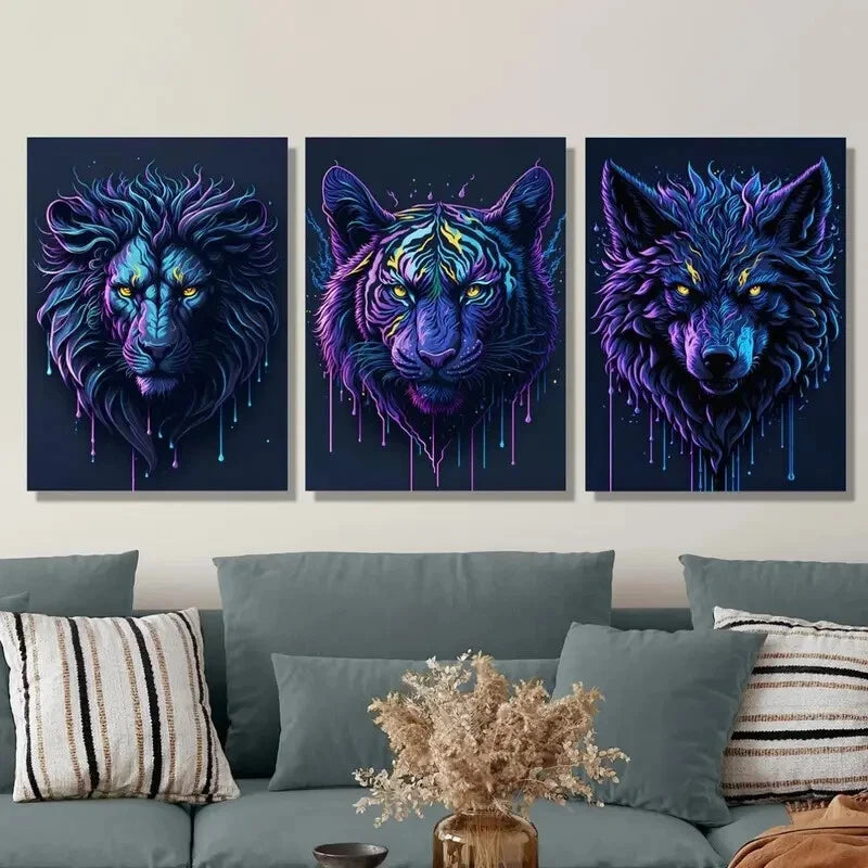 3pcs ,Portrait, Lion Tiger And Wolf, Neon Metal Print Ready to Hang Art
