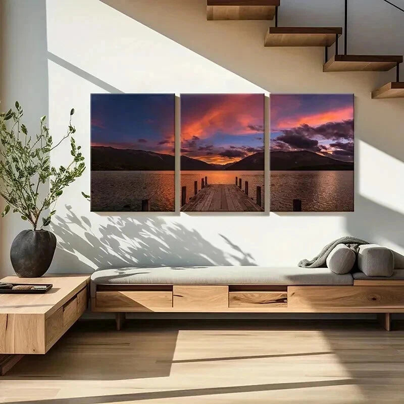 3pcs Lake Dusk Bridge Sunset Natural Landscape Wall Art Set Canvas Framed 40x60cm - High Quality Print 100% Australian Made Wall Canvas Ready to Hang