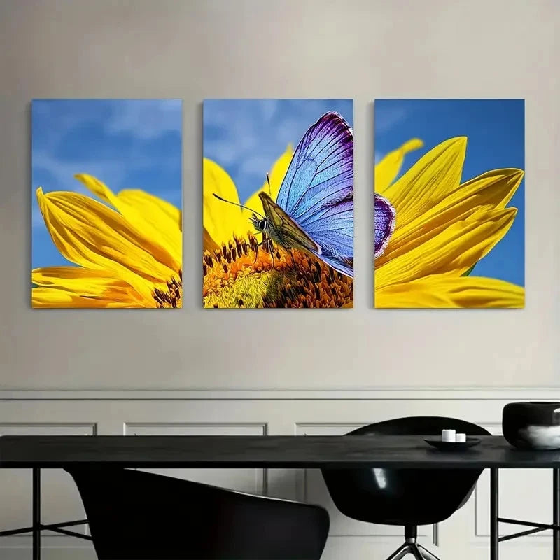 3pcs Butterfly On a Sunflower Nature Scene Metal Print Ready to Hang Art