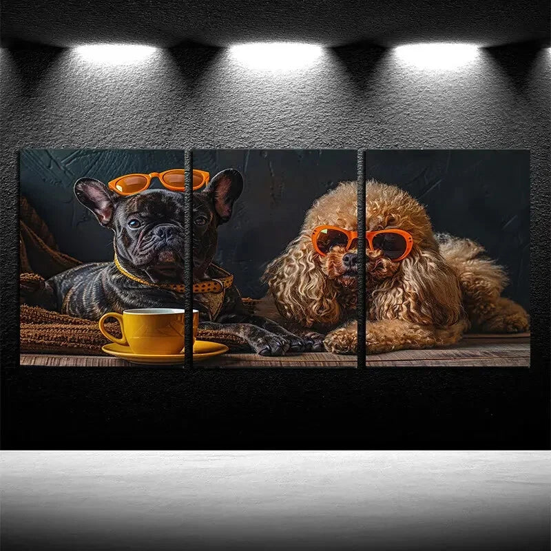 3pcs Poodle & French Bulldog with Glasses Metal Print Ready to Hang Art