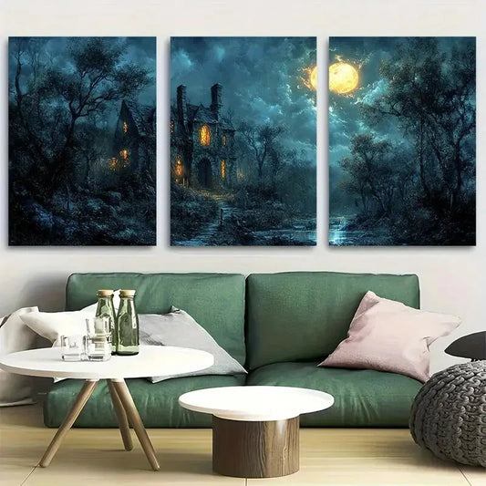 3pcs Enchanted Gothic Spooky House Metal Print Ready to Hang Art