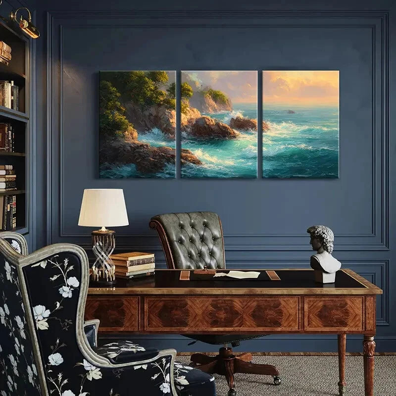 3pcs Ocean Waves Crashing on Rocky Shore Metal Print Ready to Hang Art