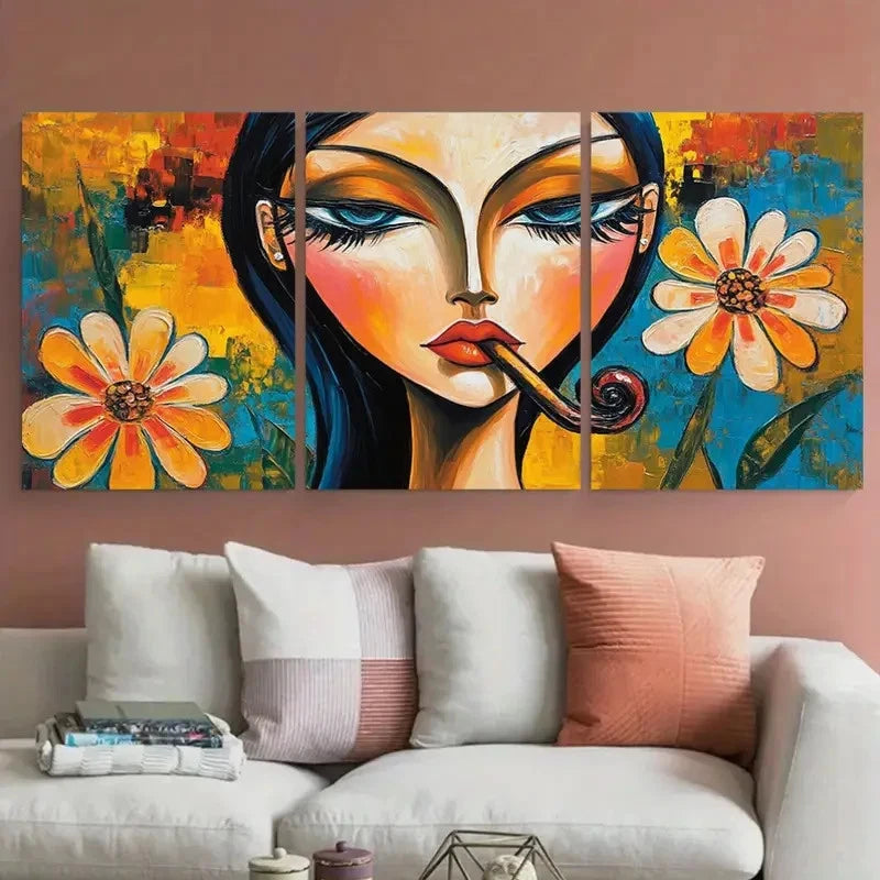 3pcs Abstract Woman Smoking Portrait with Floral Wall Art Set Canvas Framed 50x70cm - High Quality Print 100% Australian Made Wall Canvas Ready to Hang