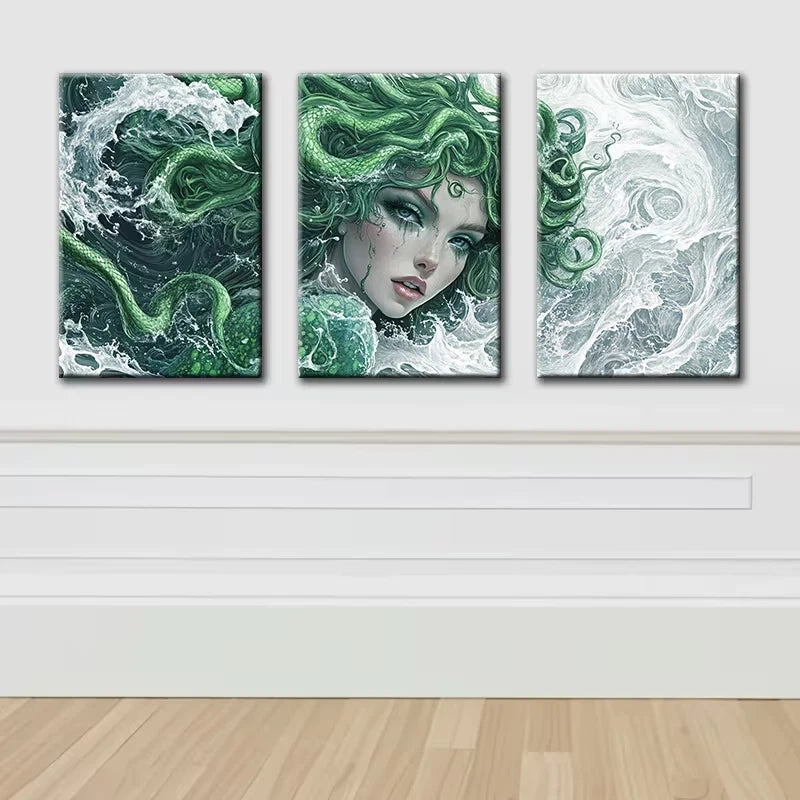 3pcs Green Beautiful Medusa Wall Art Set Canvas Framed 60x90cm - High Quality Print 100% Australian Made Wall Canvas Ready to Hang