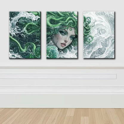 3pcs Green Beautiful Medusa Wall Art Set Canvas Framed 60x90cm - High Quality Print 100% Australian Made Wall Canvas Ready to Hang
