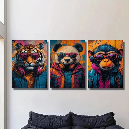 3pcs Animals with Glasses and Headphones Metal Print Ready to Hang Art