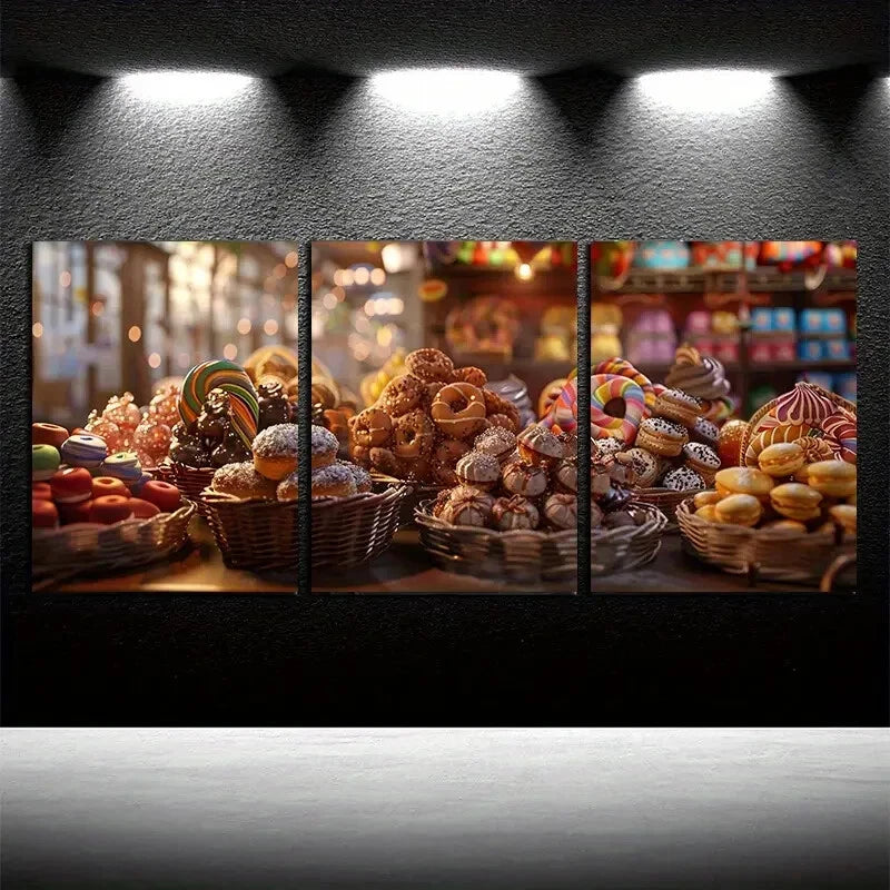 3pcs Colorful Candies and Desserts, Modern Design Metal Print Ready to Hang Art