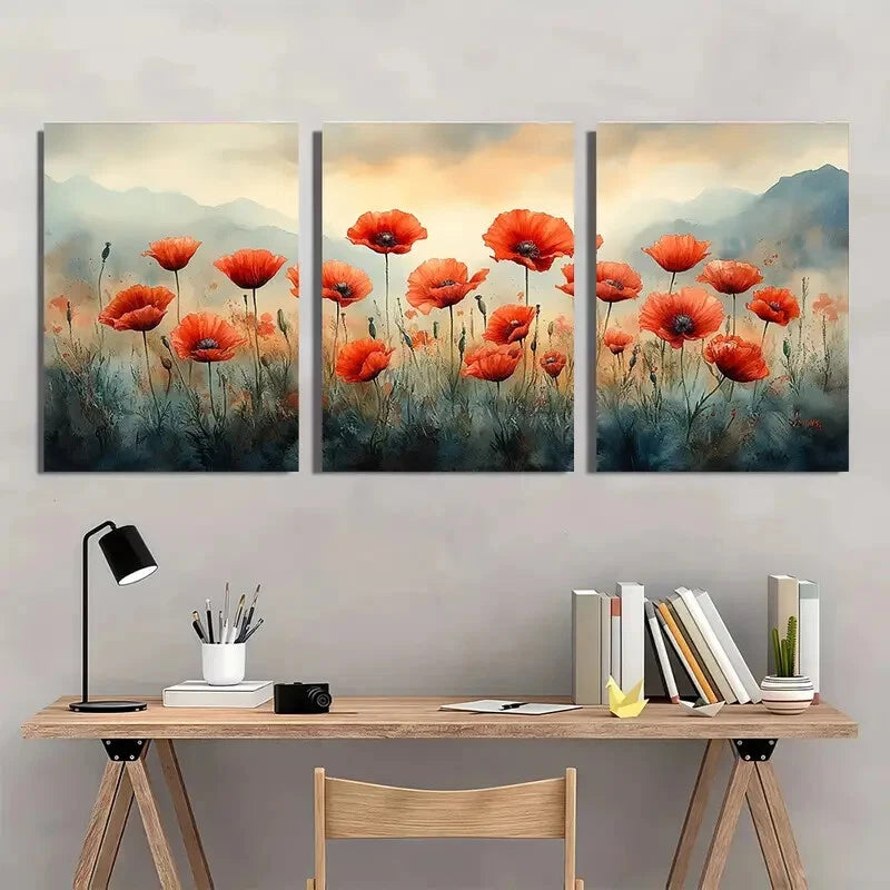 3pcs Red Poppy Meadow Watercolor Art Prints Metal Print Ready to Hang Art