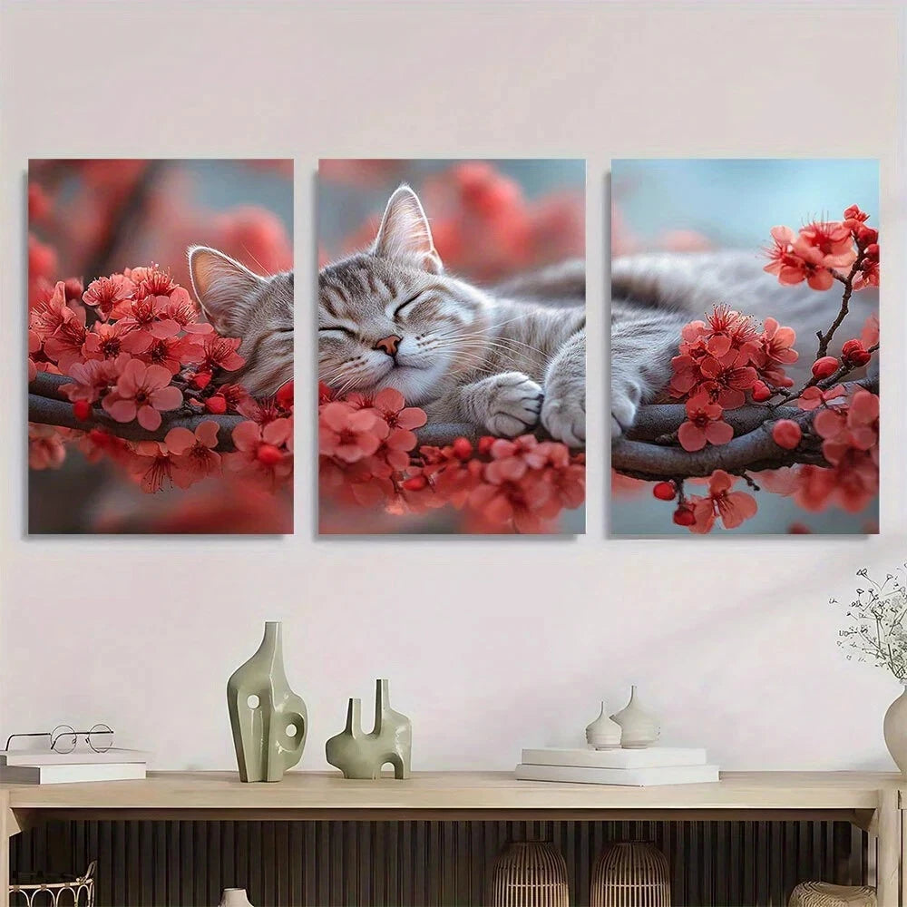 3pcs Sleeping Cat Cherry Blossom Metal Print Ready to Hang Art