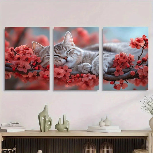 3pcs Sleeping Cat Cherry Blossom Metal Print Ready to Hang Art