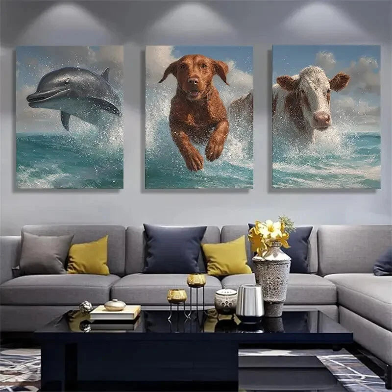 3pcs Dolphin Dog and Cow Jumping in Ocean Metal Print Ready to Hang Art
