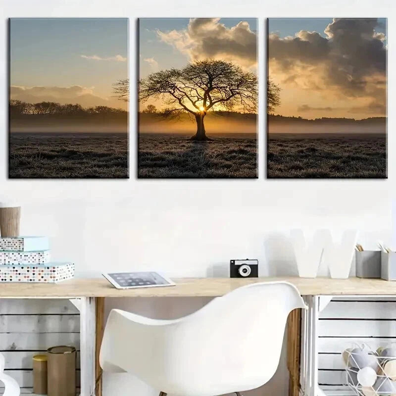 3pcs Tree Of Life On Prairie Sunset Landscape Wall Art Set Canvas Framed 40x60cm - High Quality Print 100% Australian Made Wall Canvas Ready to Hang