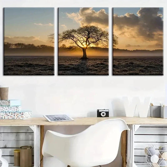 3pcs Tree Of Life On Prairie Sunset Landscape Wall Art Set Canvas Framed 40x60cm - High Quality Print 100% Australian Made Wall Canvas Ready to Hang
