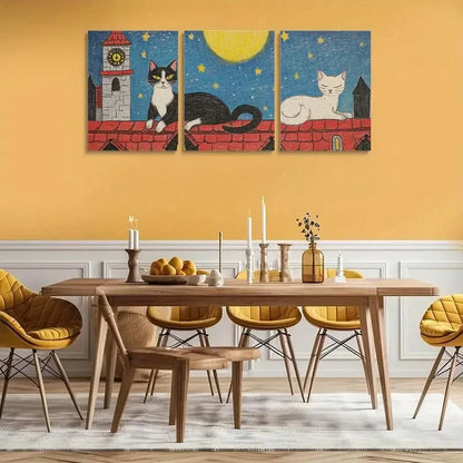 3pcs Black and White Cats with Red Roof Metal Print Ready to Hang Art