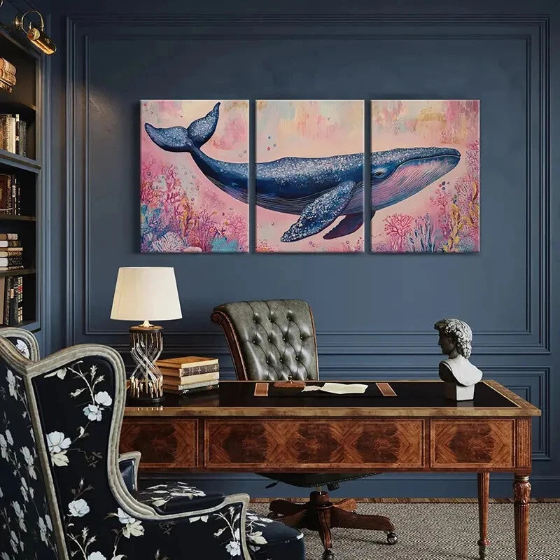 3pcs Whale Art Ocean Life Abstract Painting Metal Print Ready to Hang Art