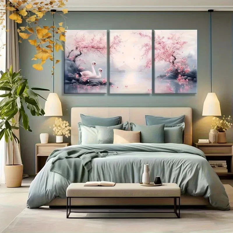 3pcs Cherry Blossom Swan Lake Oil Painting Metal Print Ready to Hang Art