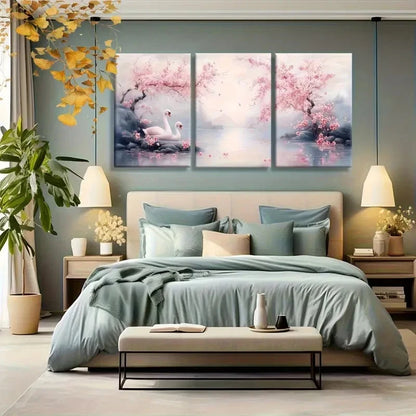 3pcs Cherry Blossom Swan Lake Oil Painting Metal Print Ready to Hang Art