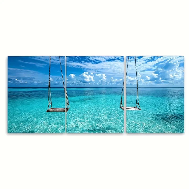 3pcs Tropical Exotic Water Swings Blue Seascape Metal Print Ready to Hang Art