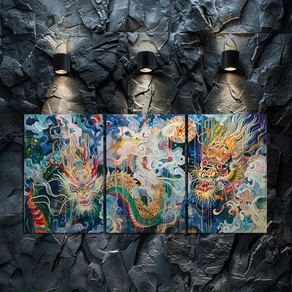 3pcs Dragons Appeared Faintly Amidst The Smoke Metal Print Ready to Hang Art