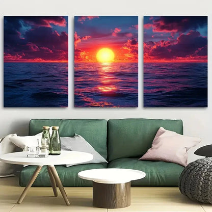 3pcs Red Sun at Sunset with Ocean Scene Metal Print Ready to Hang Art