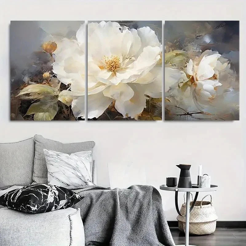 3pcs Abstract White Flowers Green Leaves Wall Art Set Canvas Framed 40x60cm - High Quality Print 100% Australian Made Wall Canvas Ready to Hang